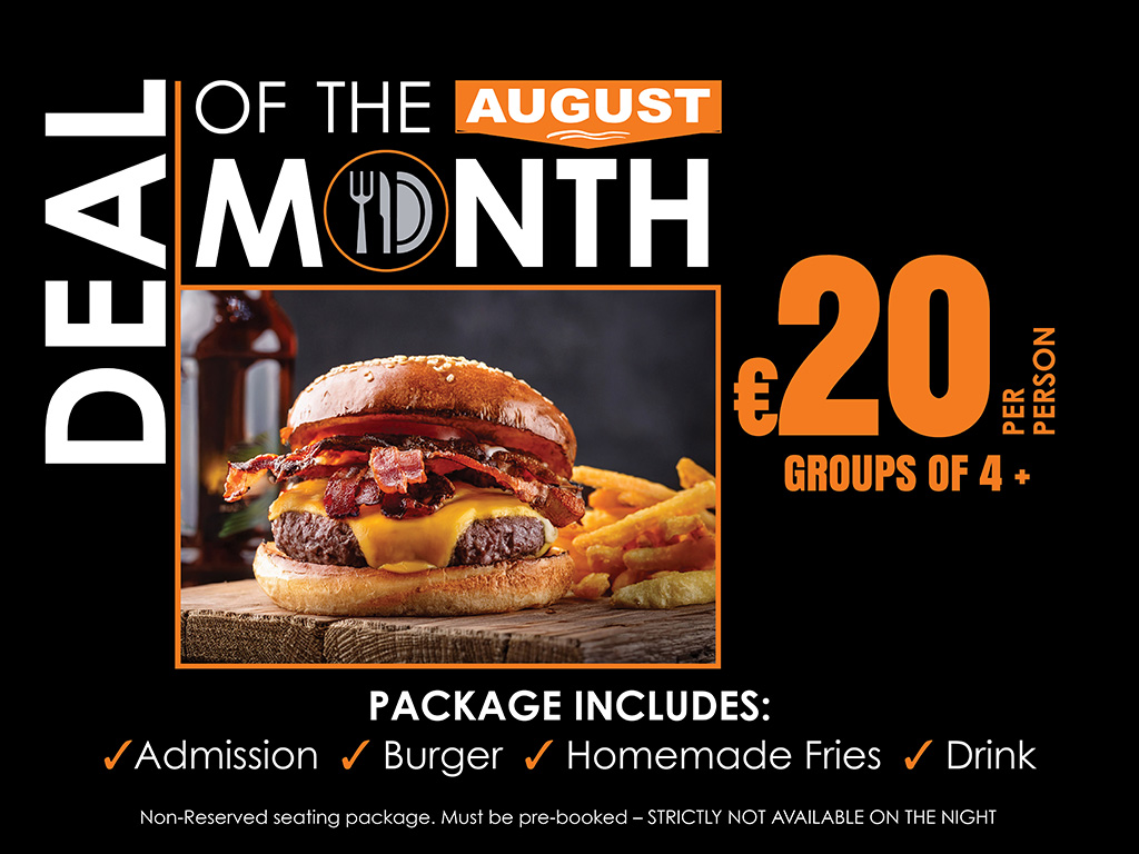 Searching for a great value night out this August? The latest Deal of the Month at Mullingar Greyhound Stadium offers entertainment, food and drink at an excellent price. Image shows a promotional graphic for the August Deal of the Month at Mullingar Greyhound Stadium. It features a black background with white and orange text outlining the offer and a picture of a burger.