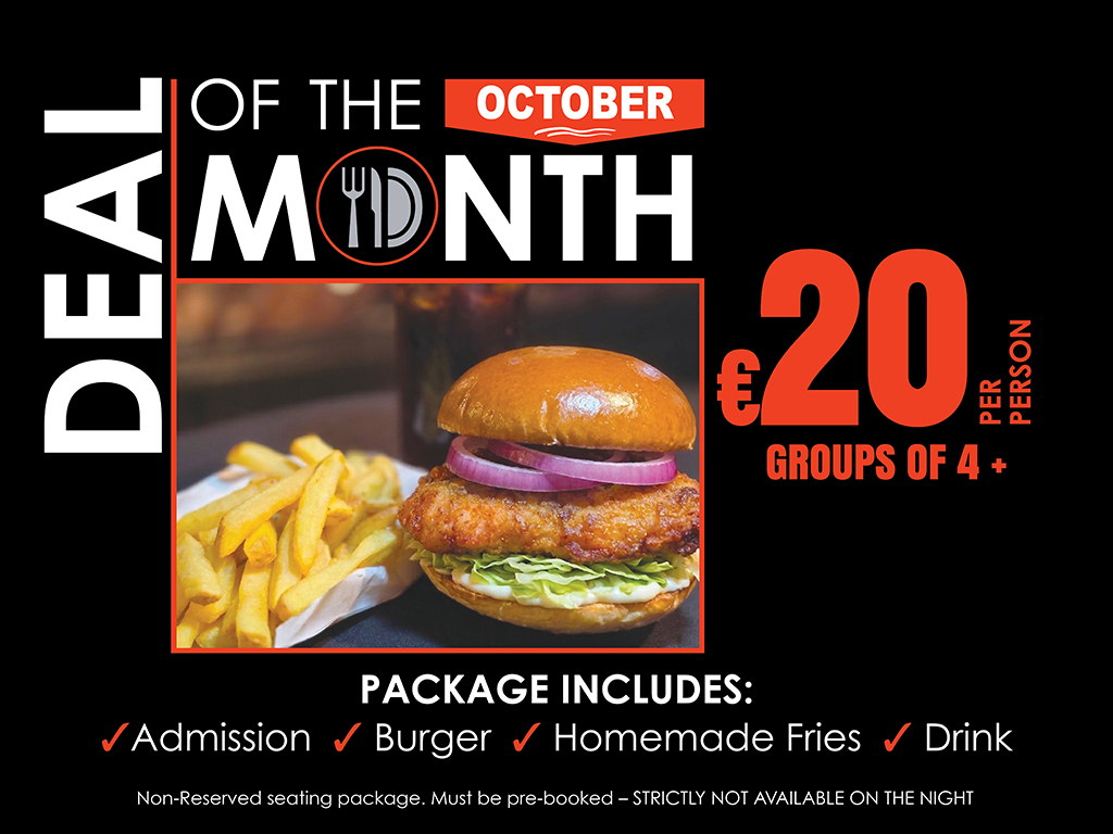 Searching for a great value night out this October? The latest Deal of the Month at Kingdom Greyhound Stadium offers entertainment, food and drink at an excellent price. Image shows a promotional graphic for the October Deal of the Month at Kingdom Greyhound Stadium. It features a black background with white and orange text outlining the offer and a picture of a burger.