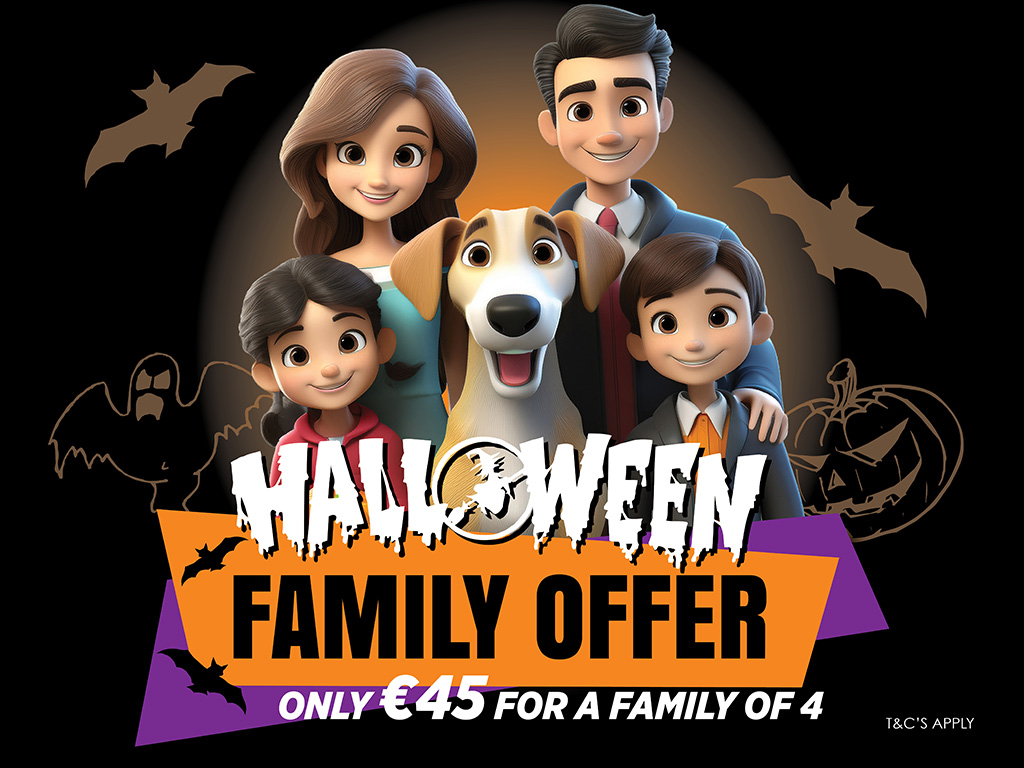 Image shows a cartoon family consisting of two adults, two children and a dog, with Halloween-themed graphics and text promoting the Halloween Family Offer at Limerick Greyhound Stadium
