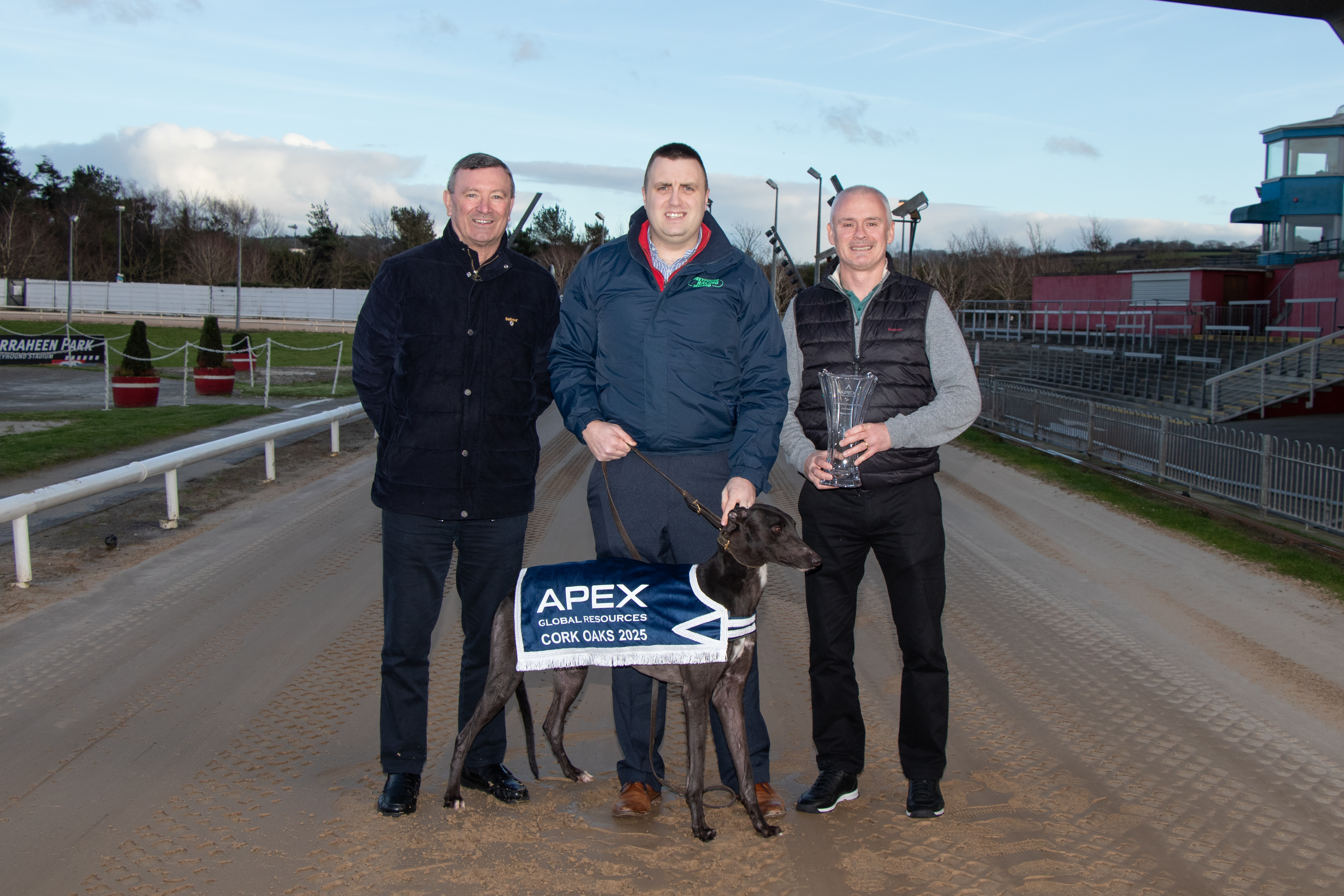 Sean McGrath, Managing Director, Apex Global Resources pictured with Jimmy Barry-Murphy & Darren Hogan at Curraheen Park Greyhound Stadium 