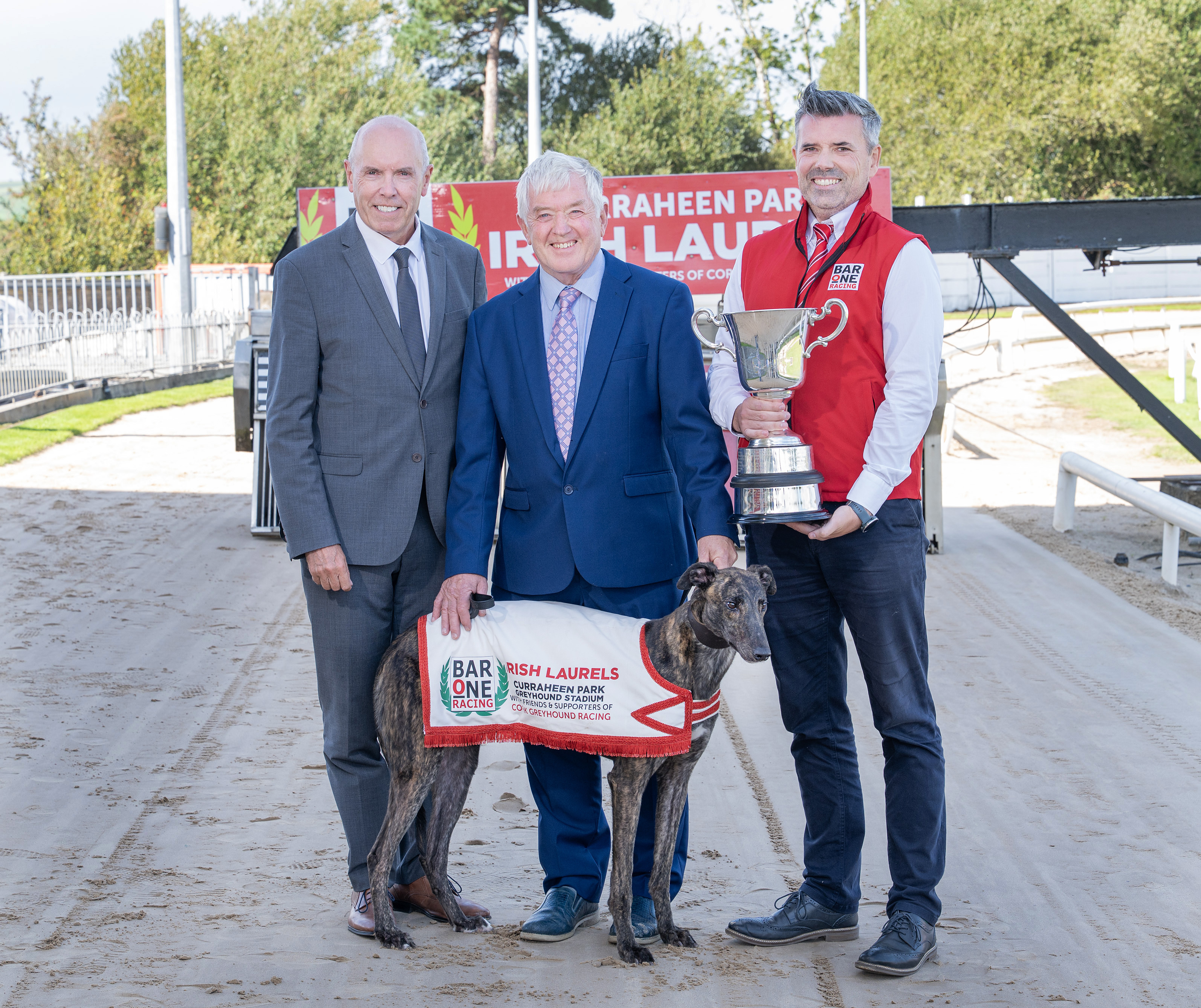 Tim Lucey, CEO GRI, Pat Flanagan, Chairman of GRI and Declan McCourt Bar One Racing at the launch of the 2025 Bar One Irish Greyhound Laurels.