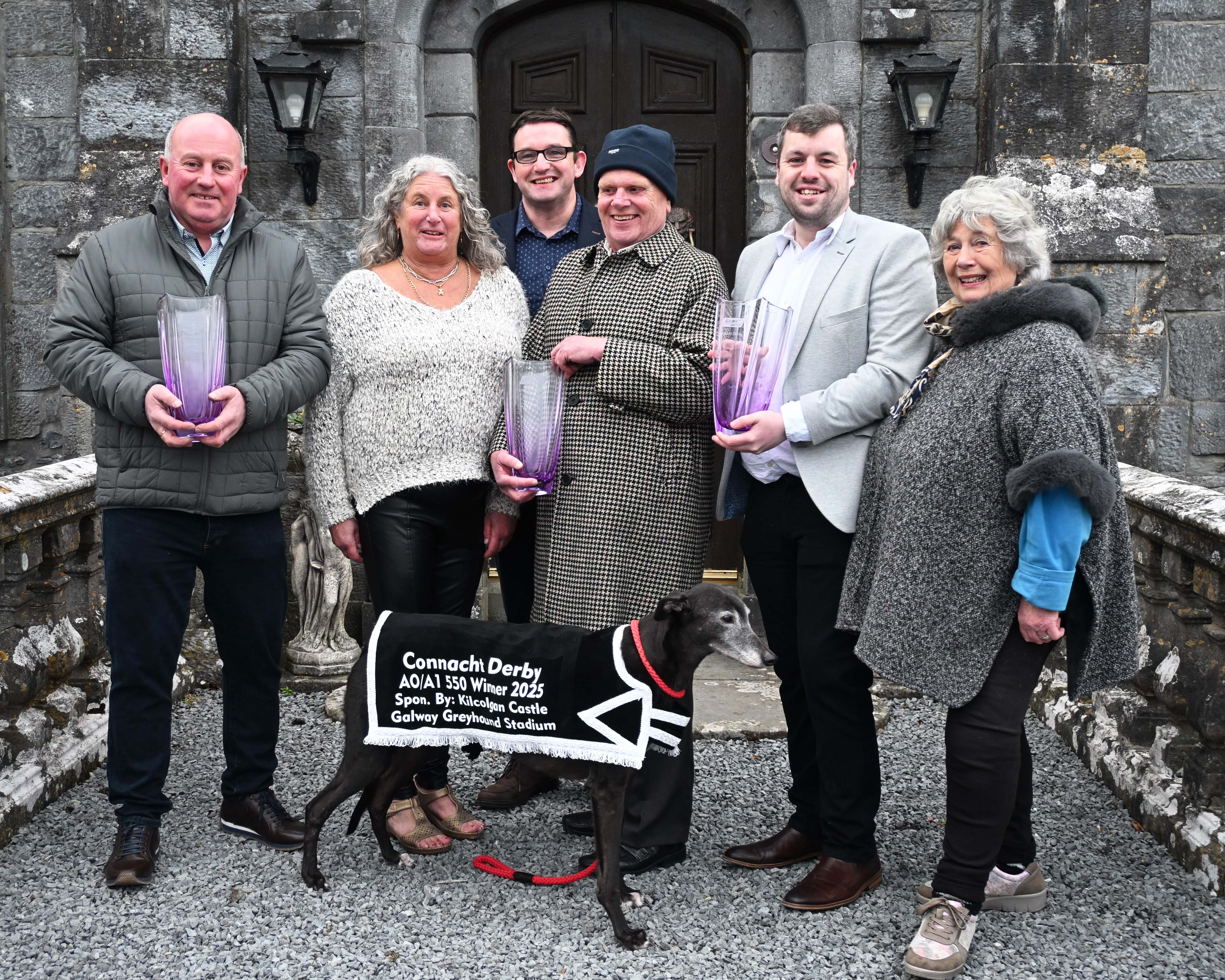 Hughie Keleghan Chairman of the WGOBA, Sponsor Karen Geoghegan and her retired greyhound Valerie, Des Kelly Galway Greyhound Stadium, Peter Hassett WGOBA, Mark Maguire Racing Manager, and Bridget Frank pictured at the launch of the Kilcolgan Castle Connacht Derby which gets underway in Galway Greyhound Stadium on the 21st February.  Pic: Imelda Grauer