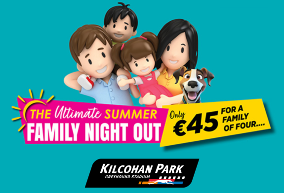 Image shows a 3D cartoon family with parents and 2 children and a dog against a teal background and text which highlights the details of the summer family offer available at Kilcohan Park Greyhound Stadium in 2026