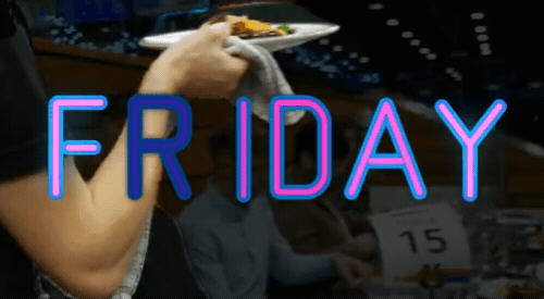 Enjoy a delicious meal at Limerick Greyhound Stadium on Friday nights with their new 2024 Friday racing schedule Image shows the word Friday set over a gif of Limerick Greyhound Stadium's restaurant to highlight their new Friday 2024 racing schedule with racing on the final Friday of each month