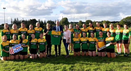 St. Josephs Ladies Football Club receive their new jerseys from Tim Lucey, CEO of Greyhound Racing Ireland, following their win in the nationwide Love Your Club competition. The club received a €5,000 jersey sponsorship with Mullingar Greyhound Stadium as their new title sponsor. Pictured are members of the team with Chairperson Ita Kearney, Secretary Clodagh Elliffe and Tim Lucey, CEO of Greyhound Racing Ireland. Image shows St. Josephs Ladies Football team member with their new jersys sponsored by Mullingar Greyhound Stadium