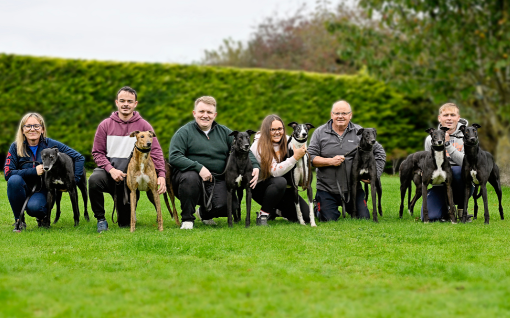 Image shows 6 people holding 7 greyhounds in a green field area. The Riverside Kennels team pictured with an incredible 7 Derby champions - 5 Irish Derby winners and 2 English Derby winners. Nicky Holland with 2016 Irish winner Rural Hawaii, Michael Fletcher with 2019 Irish Derby winner Lenson Bocko, Christopher Holland with 2020 Irish Derby winner Newinn Taylor, Rachel Holland with 2022 English Derby winner Romeo Magico, Graham Holland with 2023 English Derby winner Gaytime Nemo, and Timmy Holland with their two most recent winners 2024 Irish Derby champion Bockos Diamond and 2025 Irish Derby champion Cheap Sandwiches. Pic courtesy of Greyhound Racing Ireland 