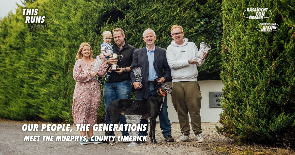 Picture shows three generations of the Murphy family in County LImerick and their retired racing greyhound Clonbrien Prince at home in Limerick. They are one of the hundreds of families across Ireland united by their love of greyhounds and the sport of greyhound racing. Picture shows three generations of the Murphy family in County LImerick and their retired racing greyhound Clonbrien Prince at home in Limerick. They are one of the hundreds of families across Ireland united by their love of greyhounds and the sport of greyhound racing.