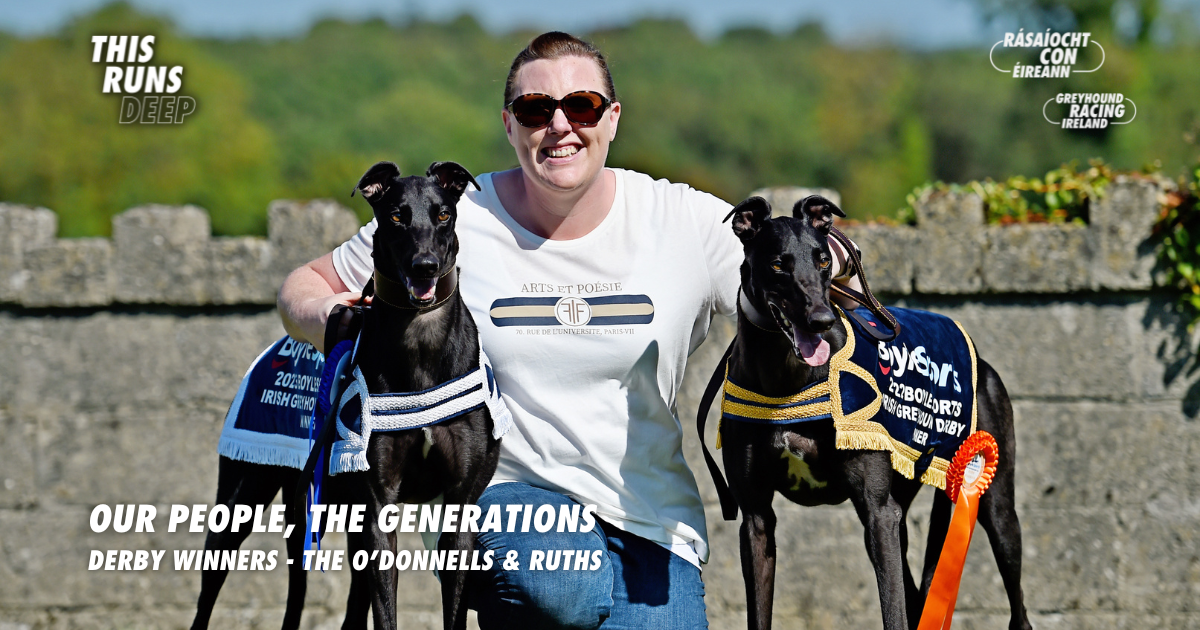Our People, The Generations - pictured is history making trainer Jennifer O'Donnell with her two BoyleSports Irish Greyhound Derby champions, 2022 winner Born Warrior and 2023 winner The Other Kobe, at their home in Killenaule, Co. Tipperary Our People, The Generations - pictured is history making trainer Jennifer O'Donnell with her two BoyleSports Irish Greyhound Derby champions, 2022 winner Born Warrior and 2023 winner The Other Kobe, at their home in Killenaule, Co. Tipperary