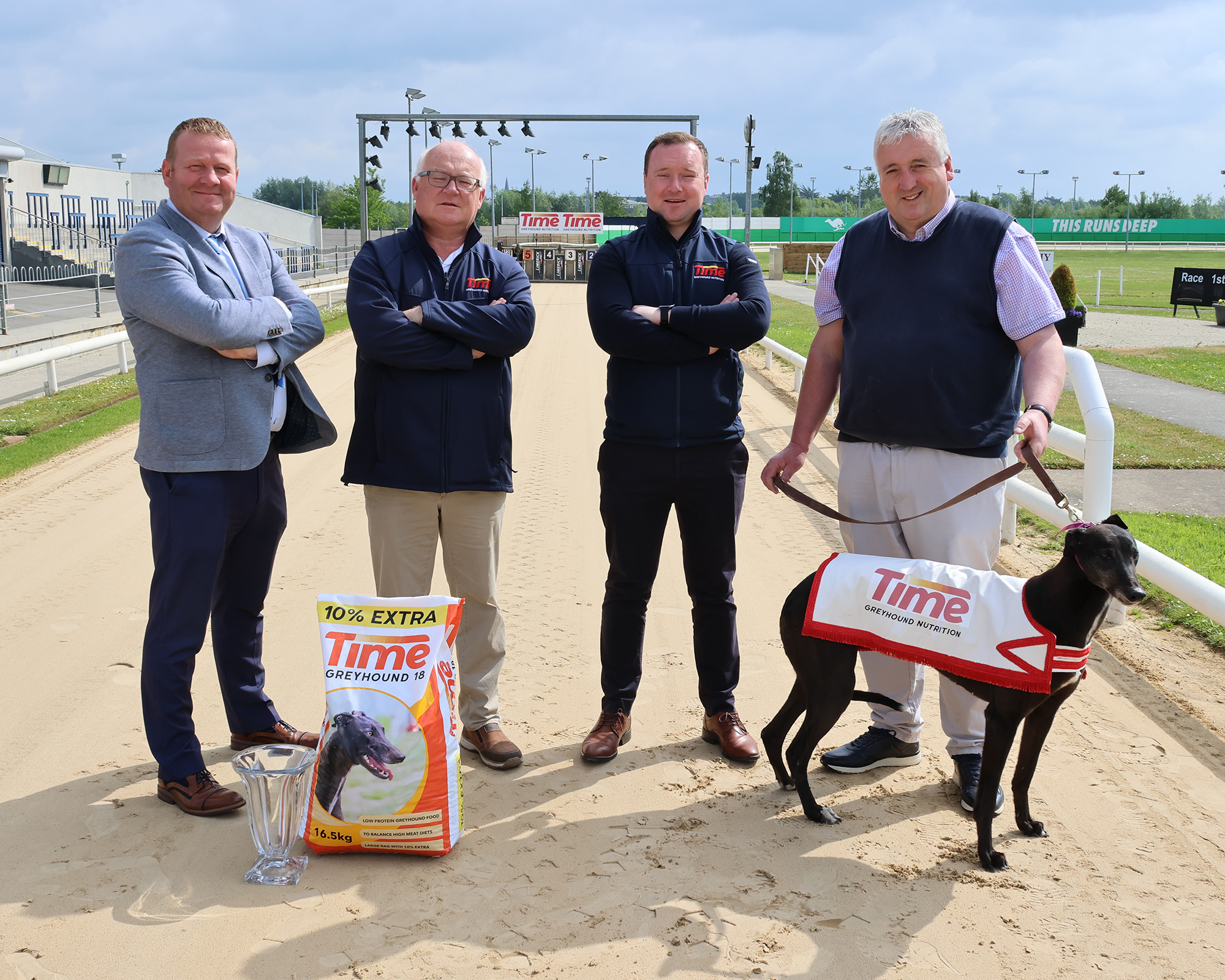 Image shows Derek Frehill, Willie Rigney, Shane Rigney and Jody Thompson launching the 2025 Time Club Derby competition at Limerick Greyhound Stadium